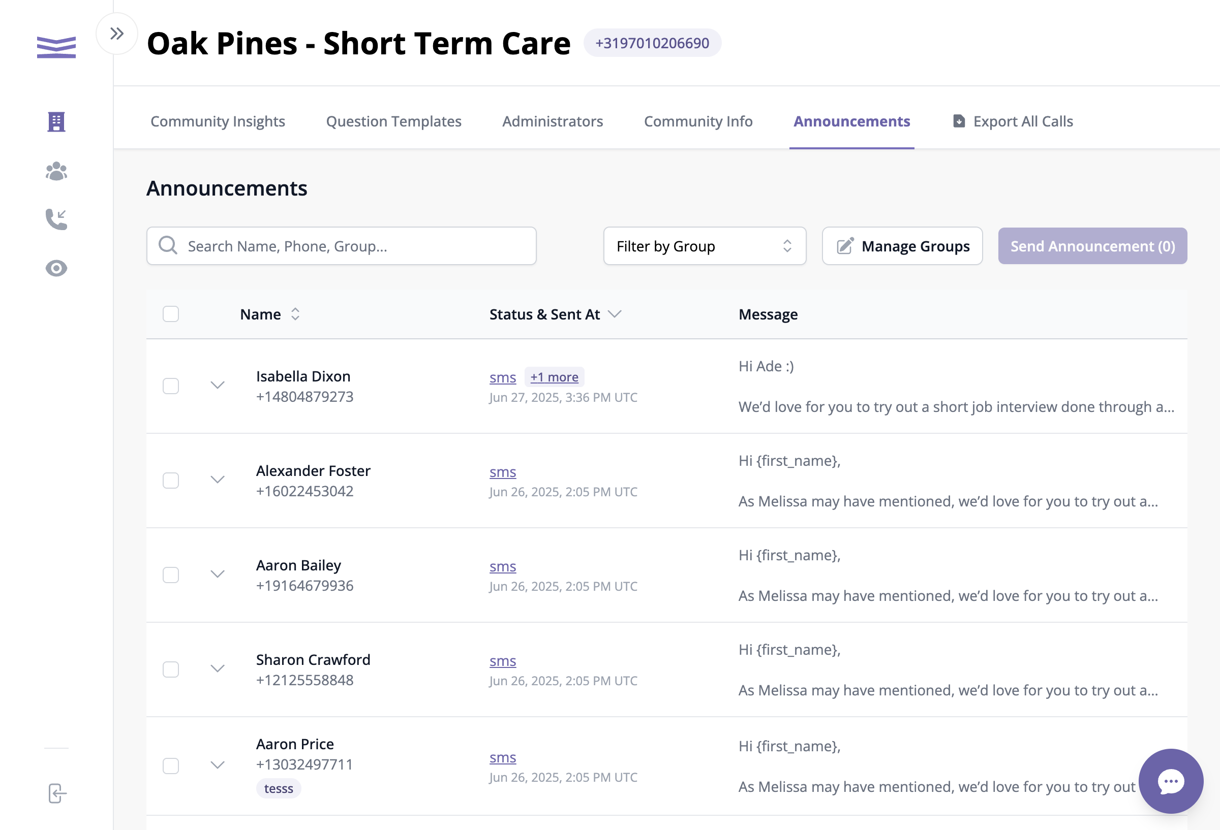 The Announcements page shows all your clients and past messages