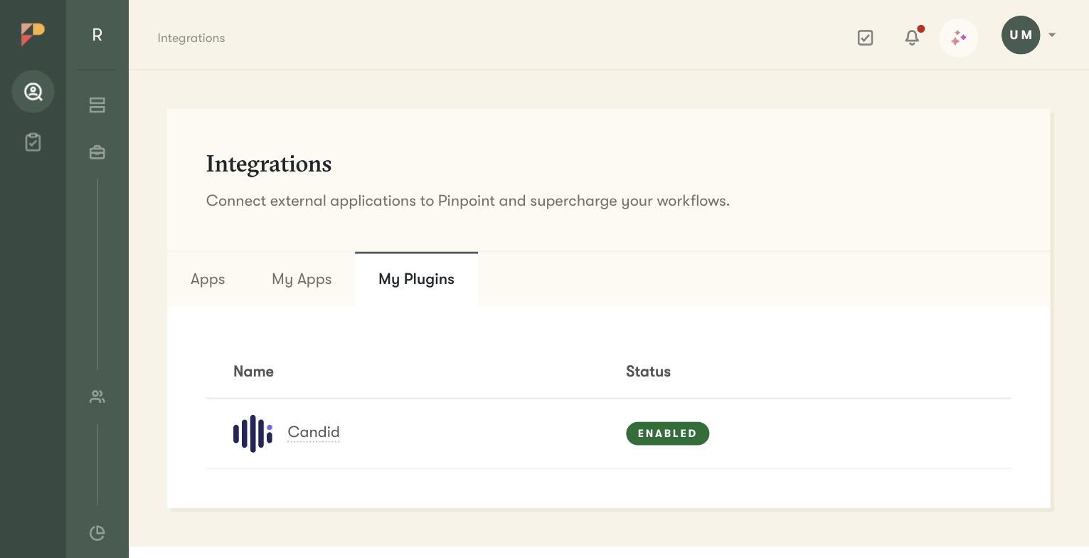 The Integrations page showing the Candid plugin under My Plugins with status Enabled