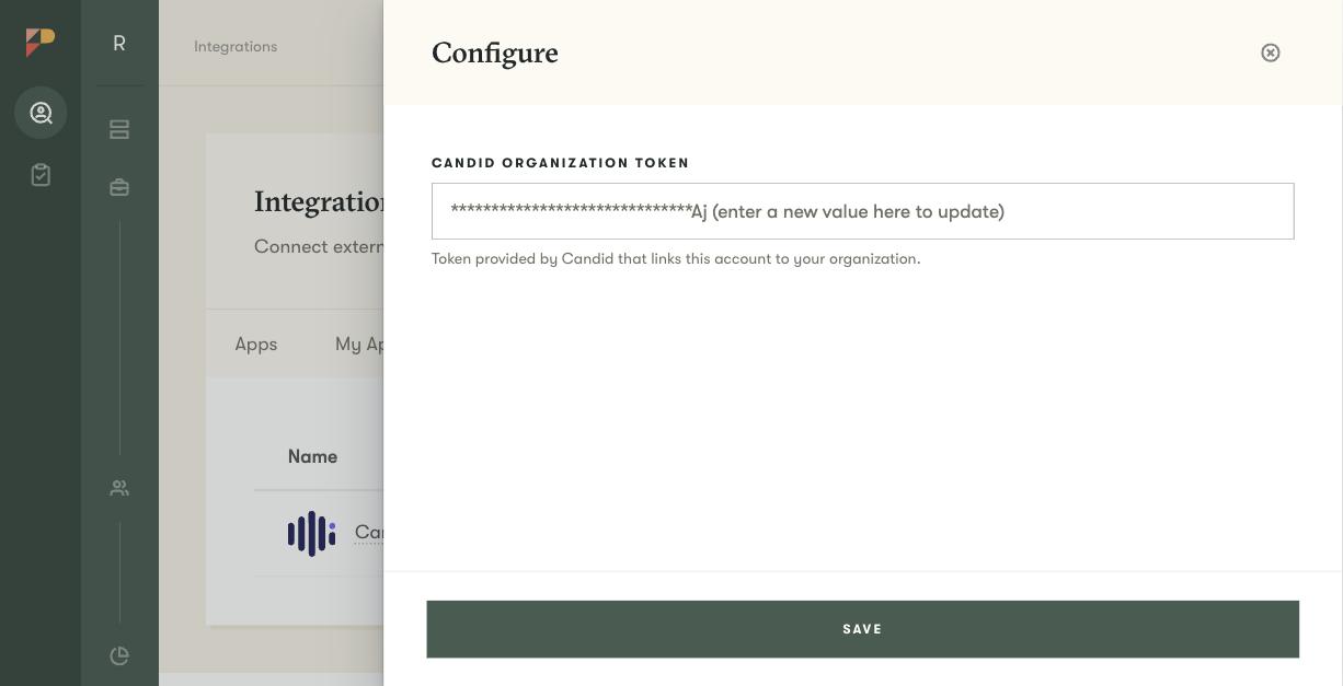 The Candid plugin configuration panel with the Candid Organization Token field