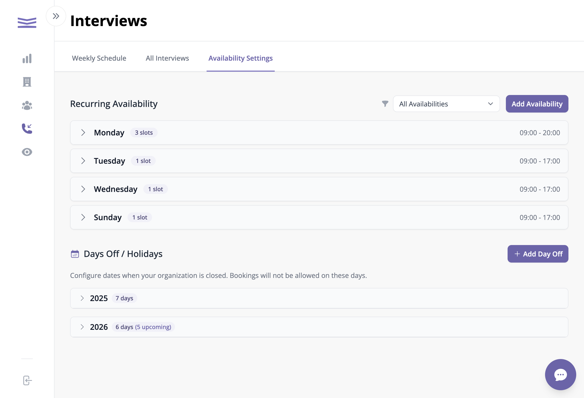 Availability Settings tab